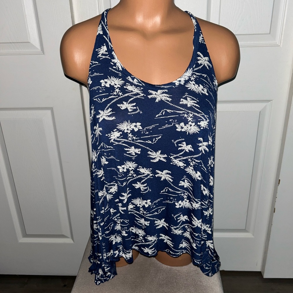 Navy Blue Palm Print Women's Tank Top Tunic Small S